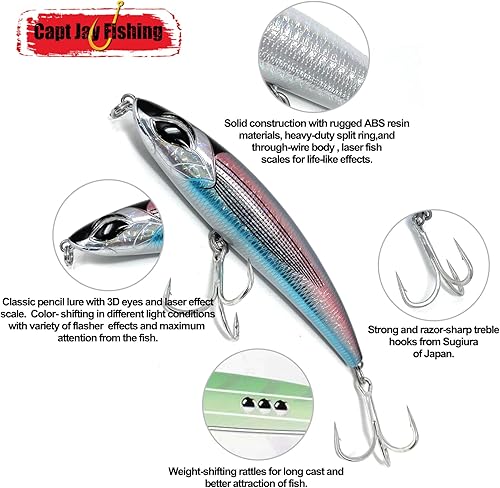 Miniatura 4 de Capt Jay Fishing Señuelos de agua salada, señuelos de pesca topwater, señuelos de lápiz, cebo duro para hundirse, señuelos de surf, pesca, señuelos