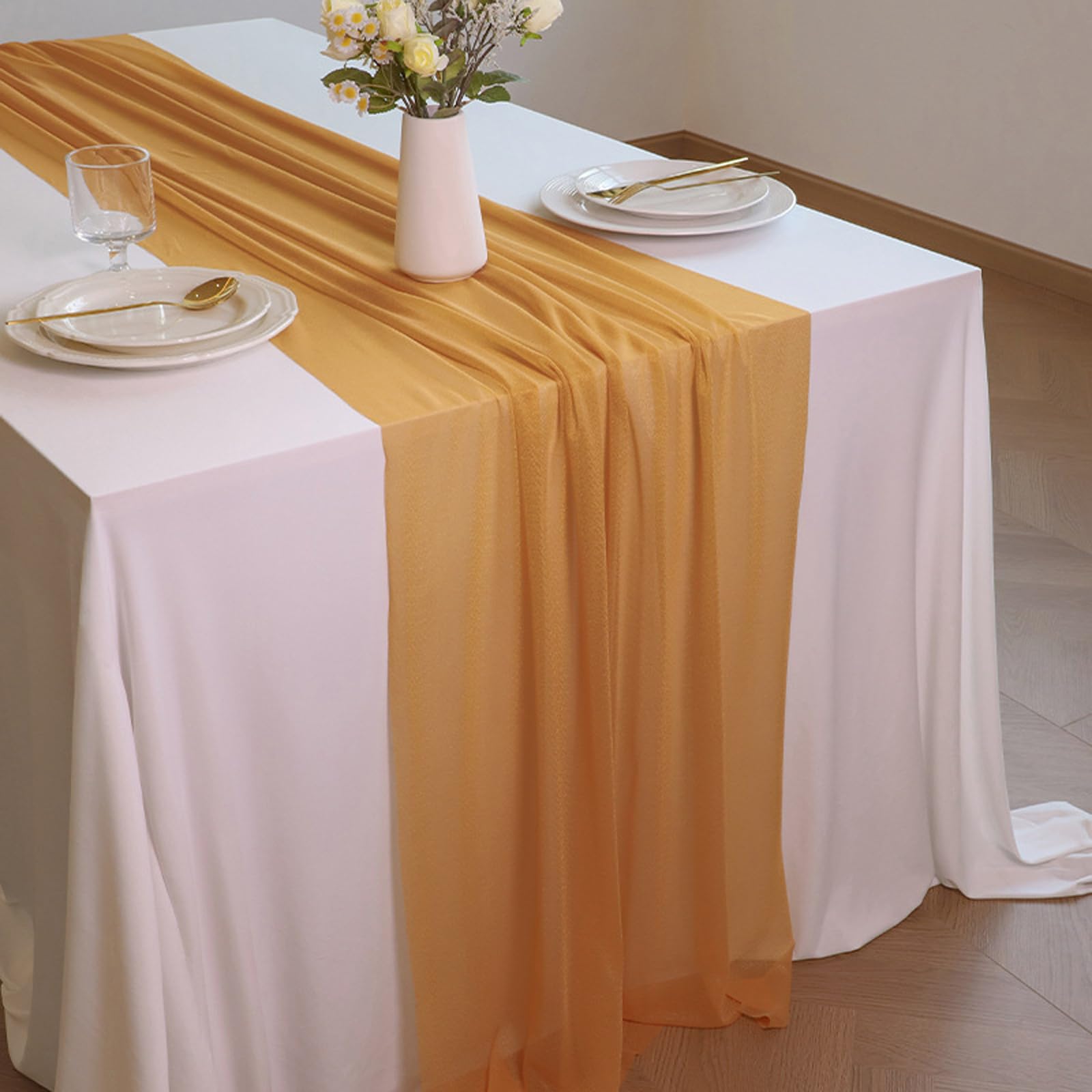Camino de mesa de gasa dorado champán, suave y cómodo, para bodas, fiestas, bautizos, decoración de vacaciones, despedidas de soltera, cocina, fiestas de cumpleaños, 12 paquetes (75 x 300 cm)