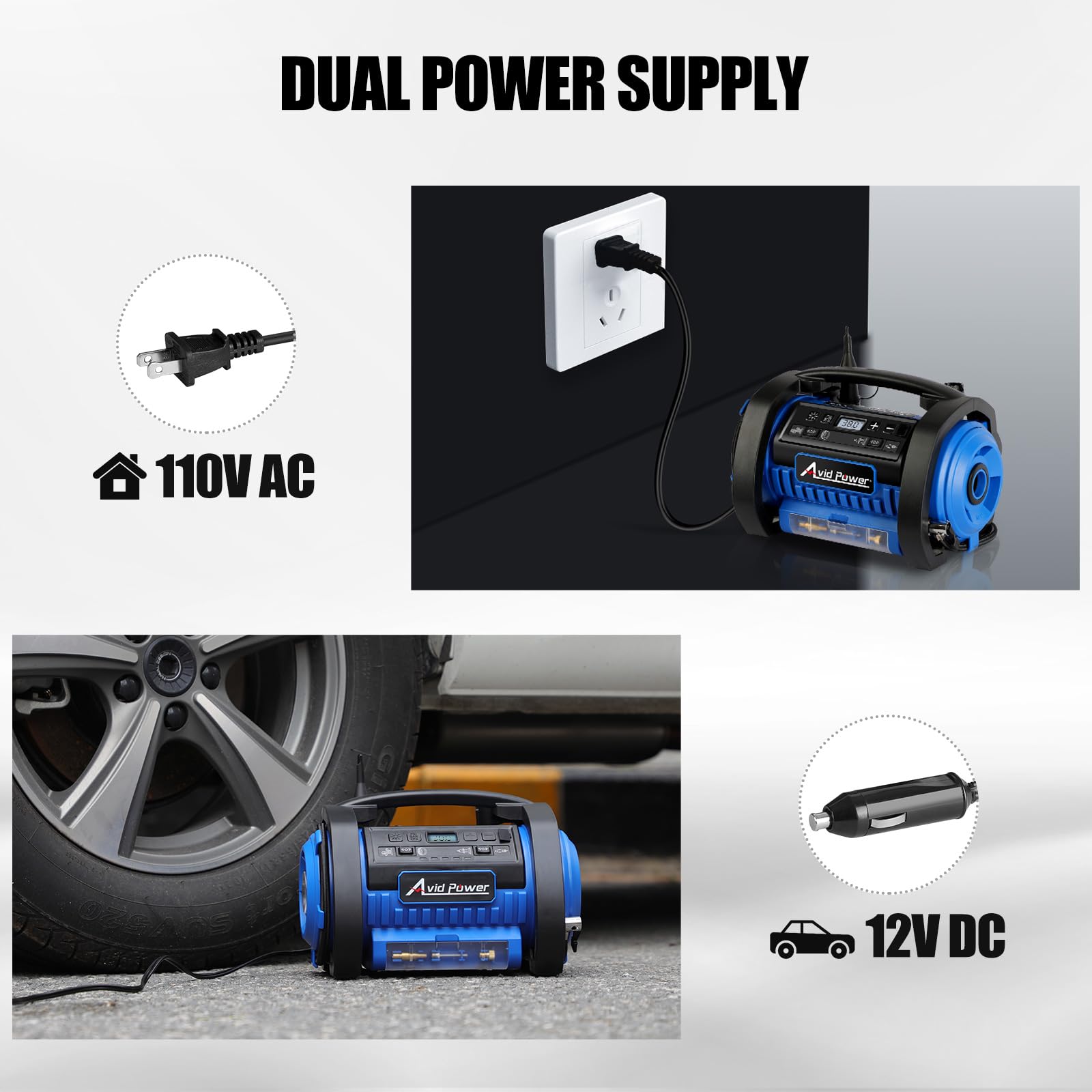AVID POWER Przenośna sprężarka powietrza do pompowania opon, 12 V DC 110 V AC, pompa do opon samochodowych, materac dmuchany z trybami pompowania i spuszczania, podwójne silniki, cyfrowy manometr