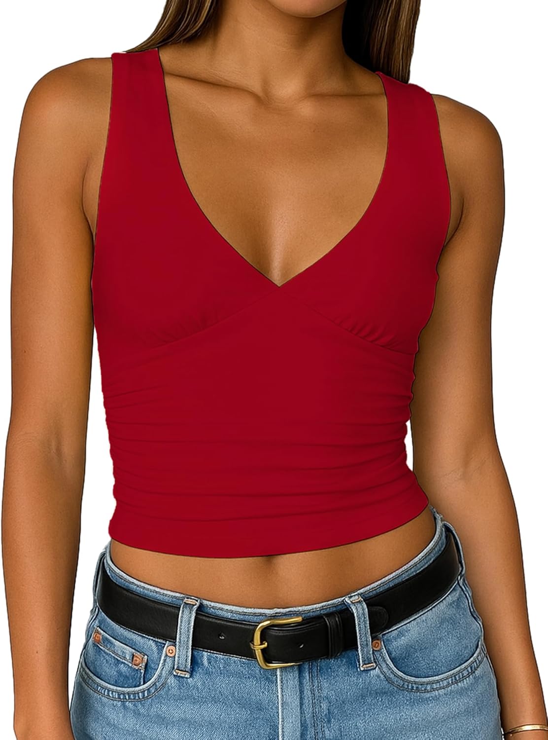 ForeFair Womens Deep V Neck Crop Tank Tops Going Out Double Lined Sexy Crop Top Sleeveless Slim Fit Y2k Summer Tops