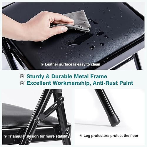 Miniatura 4 de DUMOS Paquete de 4 sillas plegables acolchadas de cuero, asiento comercial apilable portátil para interiores y exteriores, con marco de acero,