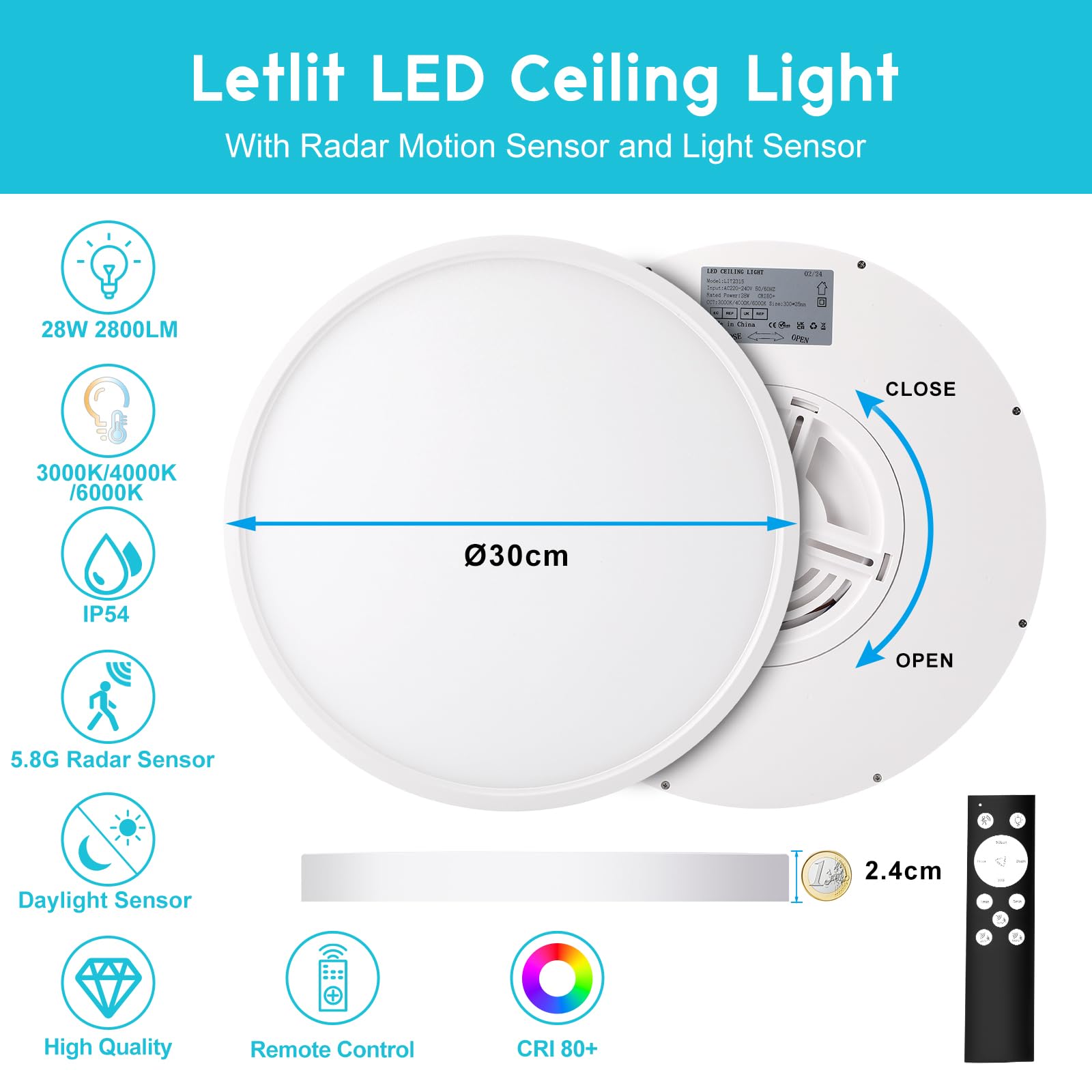 Lampada con Sensore di Movimento, 28W 2800LM Plafoniera Dimmerabile con Telecomando, Luce led con Sensore Crepuscolare, IP54 Lampada da Soffitto Luci per Corridoio Scala Balcone Bagno, 30cm