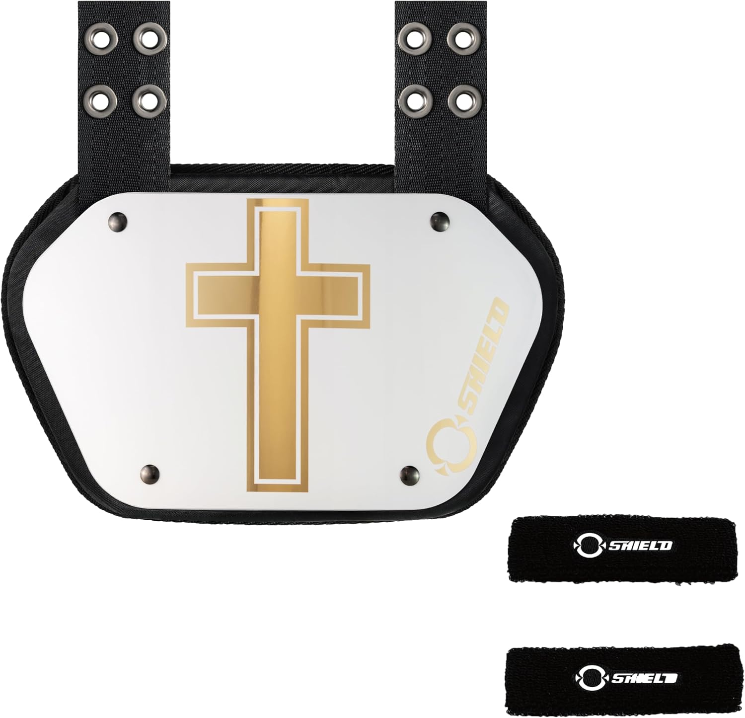 O Shield Golden Cross White Football Backplate with Black Sports Arm Band, Backplate Football with Bicep Band, Sold by Package