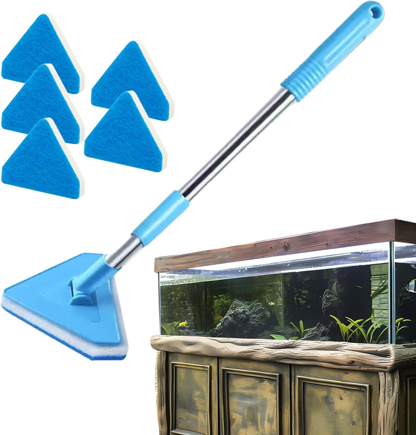 Aquarium Brush - Tank Cleaning Instrument, Long Handle Scraper Sponge System, Interchangeable Head Care, Glass Acrylic Wall Detail Tool, Pet Home Terrarium Pond Maintenance Usage
