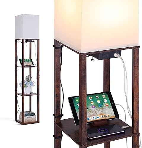 Lámpara de pie con estantes, lámparas de pie para sala de estar con 2 puertos de carga USB, 1 toma de corriente y cajón, moderna lámpara de pie