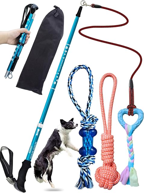 Flirt Pole for Dogs, Stronger Long Foldable for Large Dogs Heavy Duty, with 3 Dog Toys Rope Chew Stick Chase Toys, Tug Toy for Aggressive Chewers,Flirt Pole for Large Breed Small Dogs Puppy Training