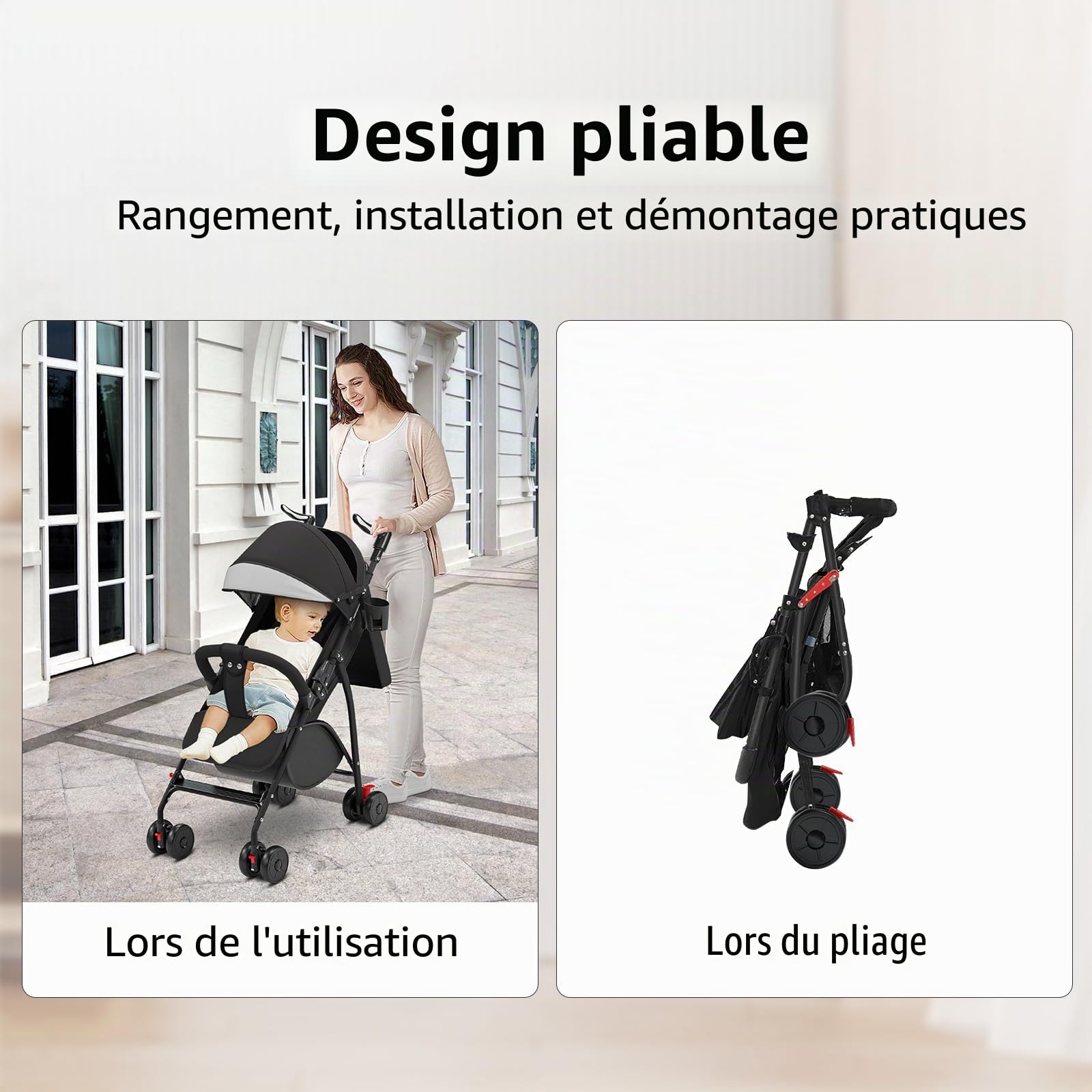 Poussette pliable avec tampons en coton et moustiquaires, poussette de voyage avec fonction allongée, peut s'asseoir ou s'allonger (noir)