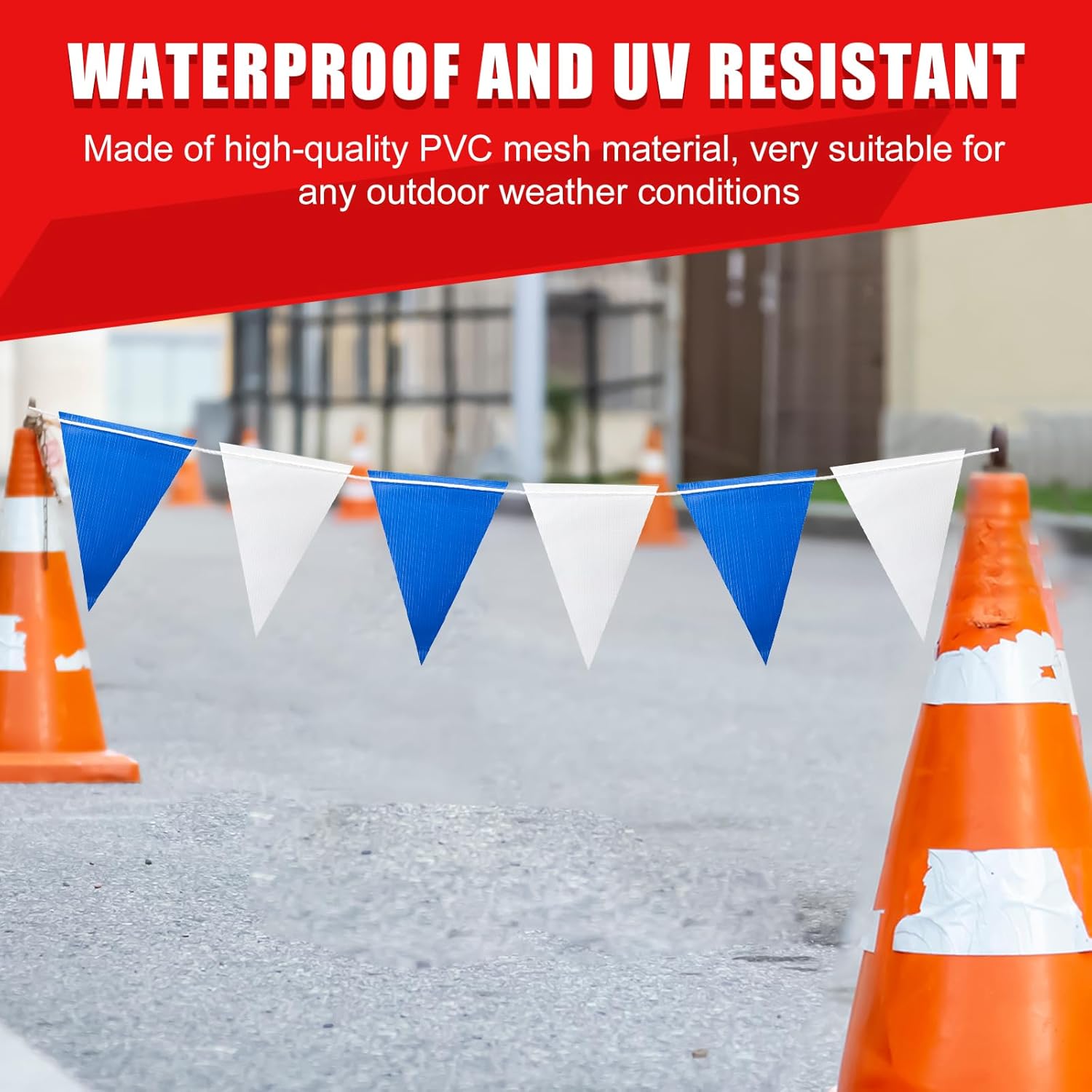 Safety Warning Pennant Banner Flags – 105FT OSHA High Visibility Colored Triangle Flags for Construction Zones, Roadwork, and Hazard Areas(WHITE+BLUE,45pcs,105FT) - Image 7