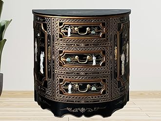 China warehouse direct Oriental Half Moon Cabinet with Mother Of Pearl, Chinese Furniture Console Sideboard Chest of Drawers