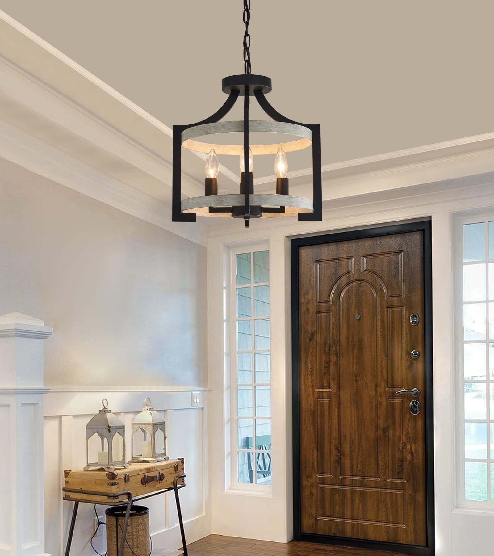 MEIXISUE Farmhouse Pendant Light Fixtures Black and White Birch Finish 4-Lights Vintage Cage Small Chandelier Pendant Lighting for Kitchen Island Dining Room Foyer Stairway UL Listed