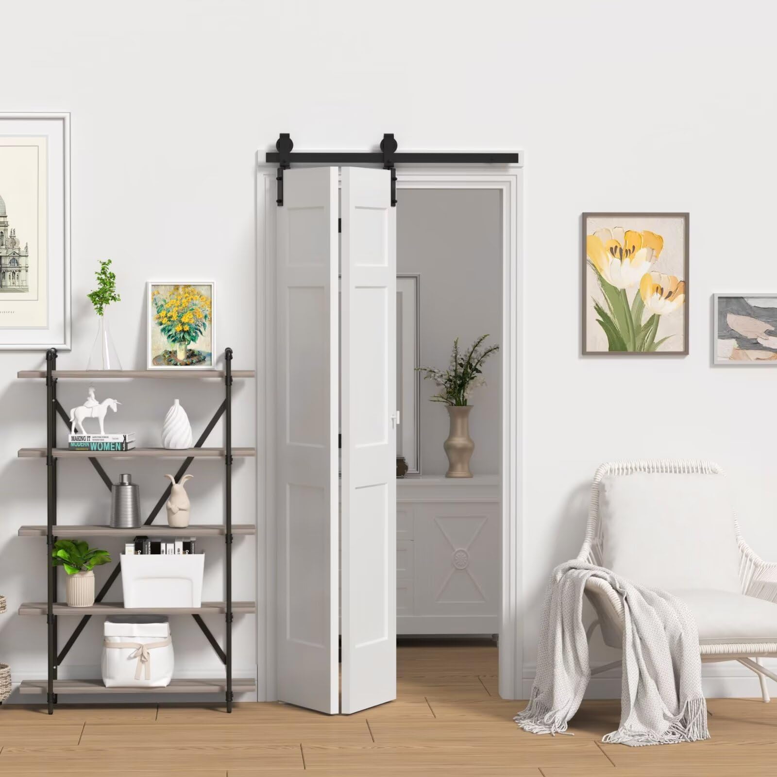 KINMADE 36 in Single Bifold Sliding Barn Door Hardware Kit for Closet Doors, Smoothly and Quietly,Side and Top Mount Swivel Wheels (Track Length 40'', Door Not Included)