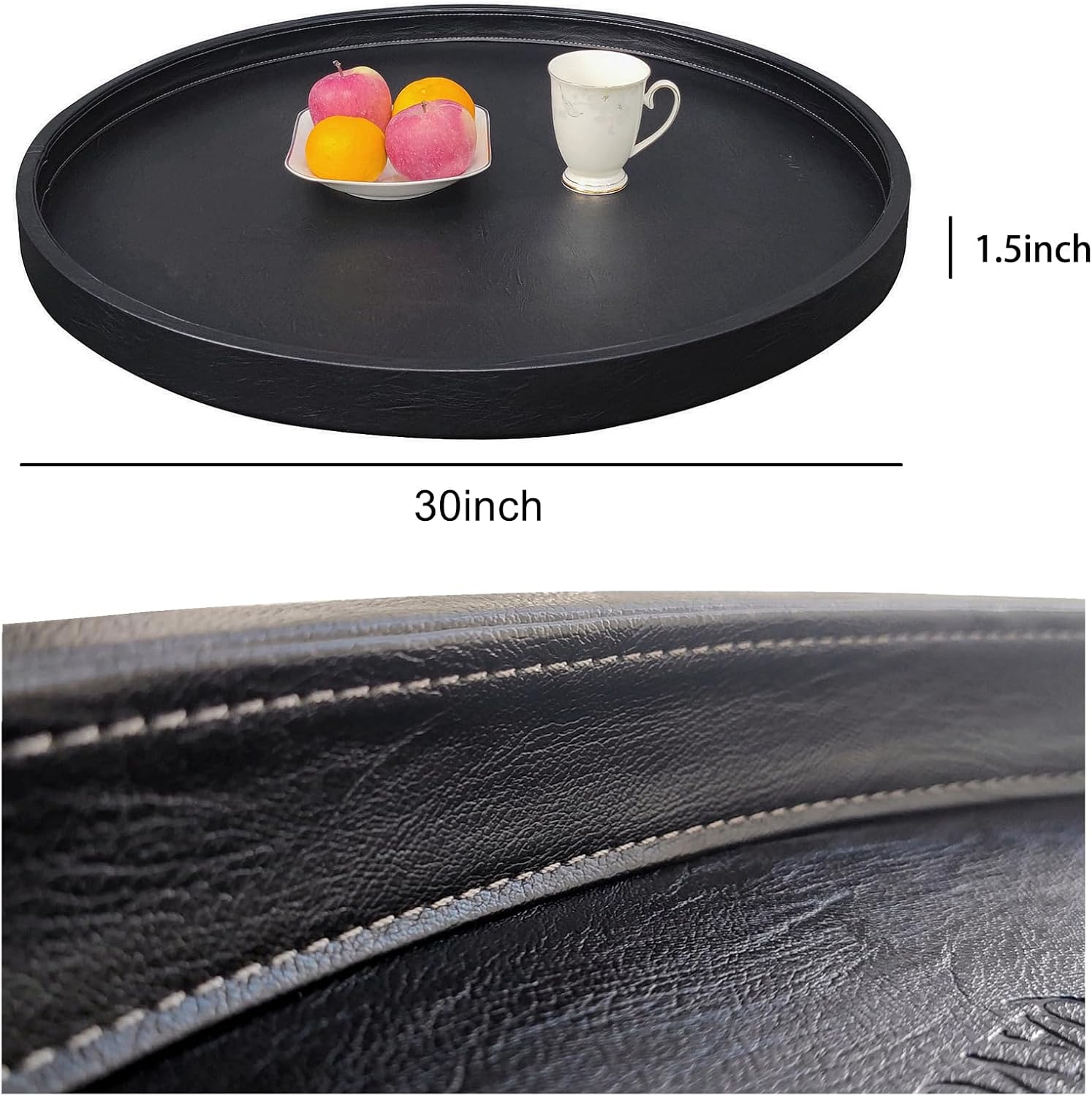 30 x 30 High-End Light Luxury Leather Round Oversized Tray - Ottoman Coffee Food Serving for Family Dinner, Outdoor Picnic & Party Essentials | Versatile Home Decor Tray(30 inch Black) - Image 5