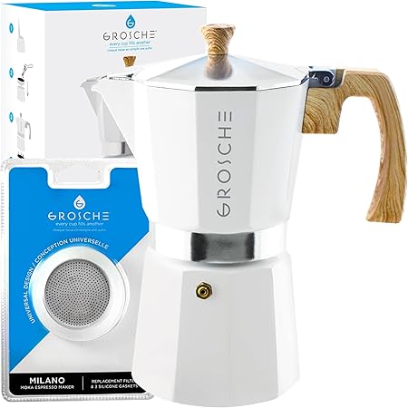 Amazon.com: GROSCHE Milano - Cafetera de café con 9 tazas de expreso, color  blanco y 3 juntas de repuesto, incluye estufa, cafetera Moka y juntas de  repuesto : Hogar y Cocina