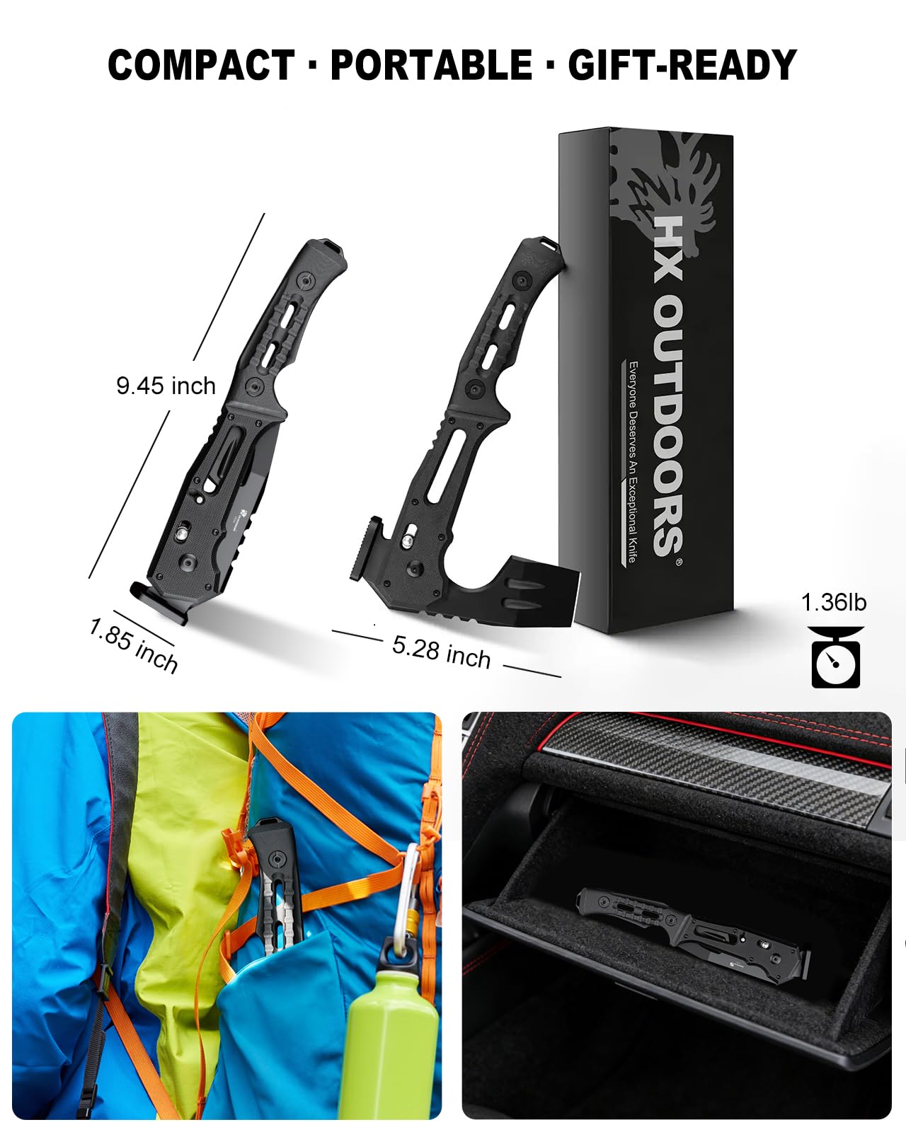 HX OUTDOORS Ascia Tattica Pieghevole da Sopravvivenza, Lama in Acciaio DC53 con Titanio Nero, Ascia da Campeggio con Martello e Apribottiglie, Accetta Pieghevole con Impugnatura G10