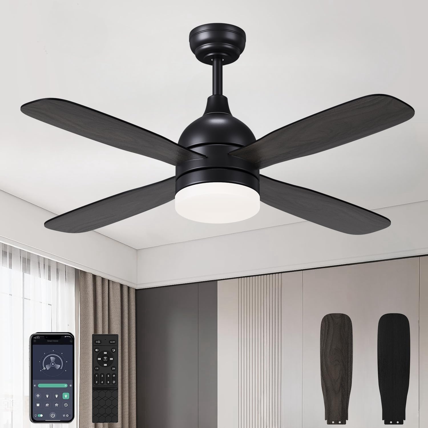 Ceiling Fan with Lights, 42 Inch Ceiling Fans with Lights and Remote/APP Control, 6 Speeds, DC Reversible Motor, Dimmable, Noiseless, Black Modern Ceiling Fans for Bedroom, Living Room-Black