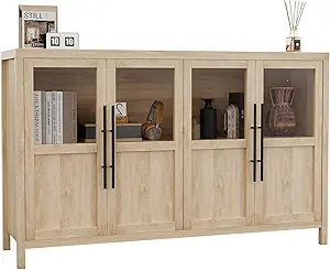 GarveeHome Sideboard Buffet Cabinet with 4 Glass Doors, 55" Buffet Table Coffee Bar Wine Bar Display Cabinet for Kitchen Dining Room, Living Room (Natrual, Glass with 4 Doors)