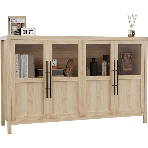 GarveeHome Sideboard Buffet Cabinet with 4 Glass Doors, 55 in Buffet Table Coffee Bar Wine Bar Display Cabinet for Kitchen Dining Room, Living Room (Natrual, Glass with 4 Doors)