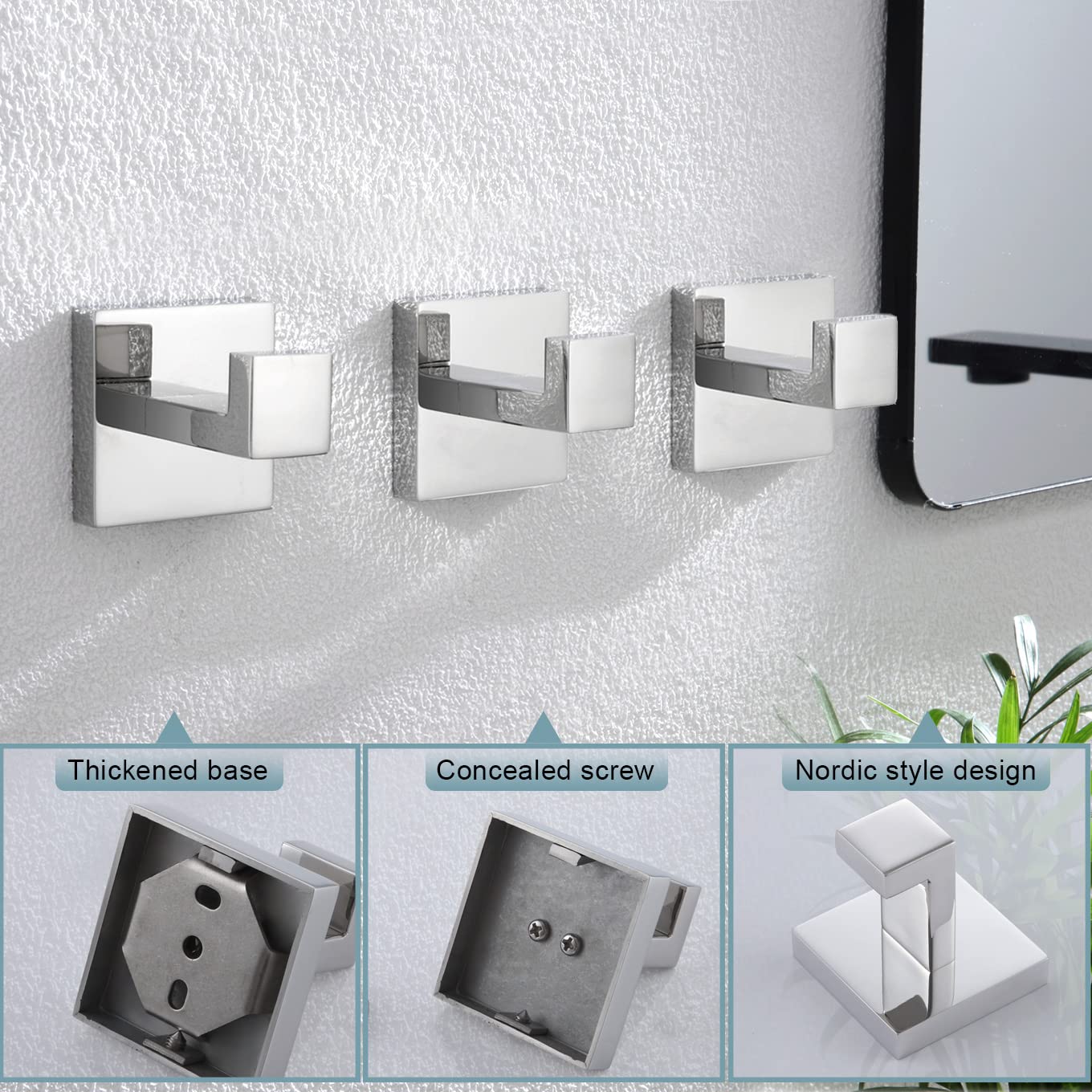 KOKOSIRI Handtuchhaken Badezimmer-Zubehör Eisenwaren Bademantel-Haken Edelstahl 3 Stück Wandhaken Küche Haushalt Poliertes Chrom B1010CH-P3