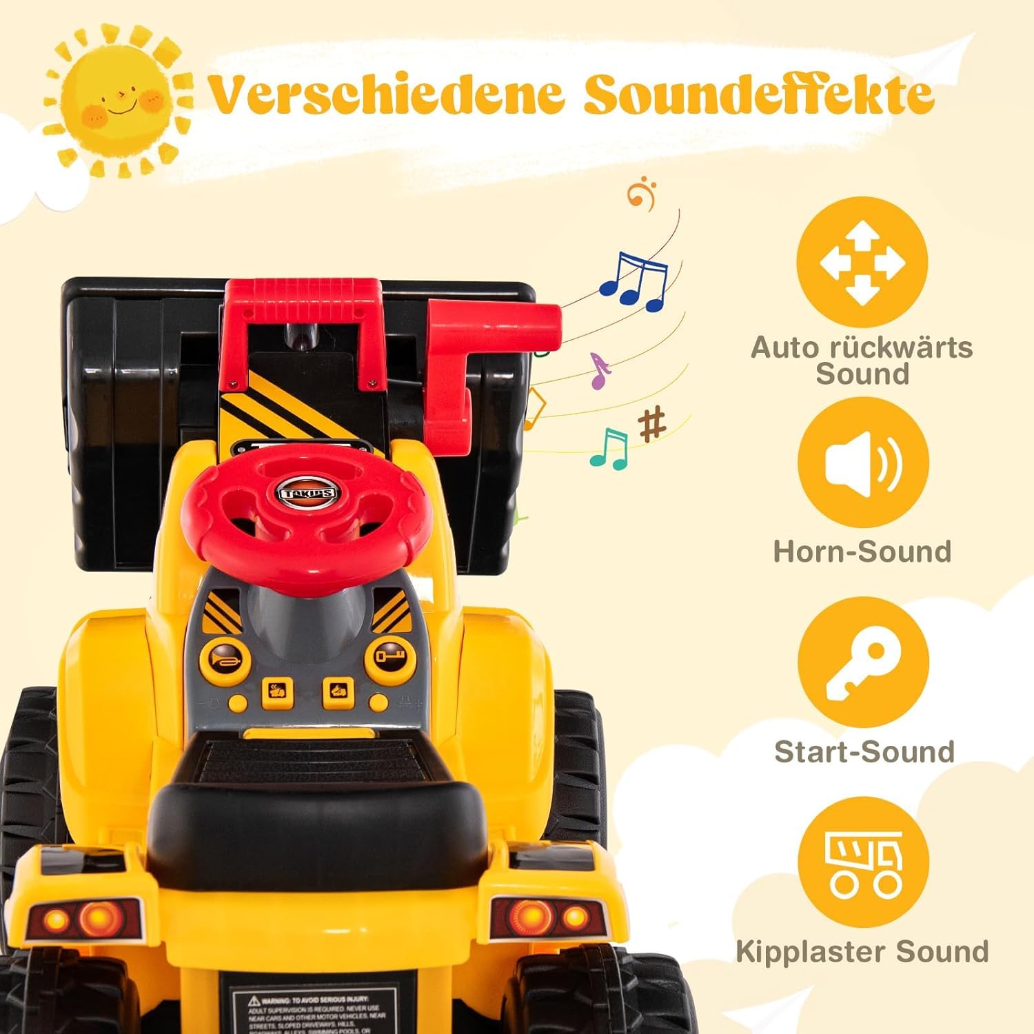 DREAMADE Bagger zum draufsitzen, Elektro Sitzbagger mit Internem Stauraum, Kinderbagger mit Basketballkorb & Sound-Tasten & 3 Bällen, Sandbagger Aufsitzbagger für Kinder ab 2 Jahren
