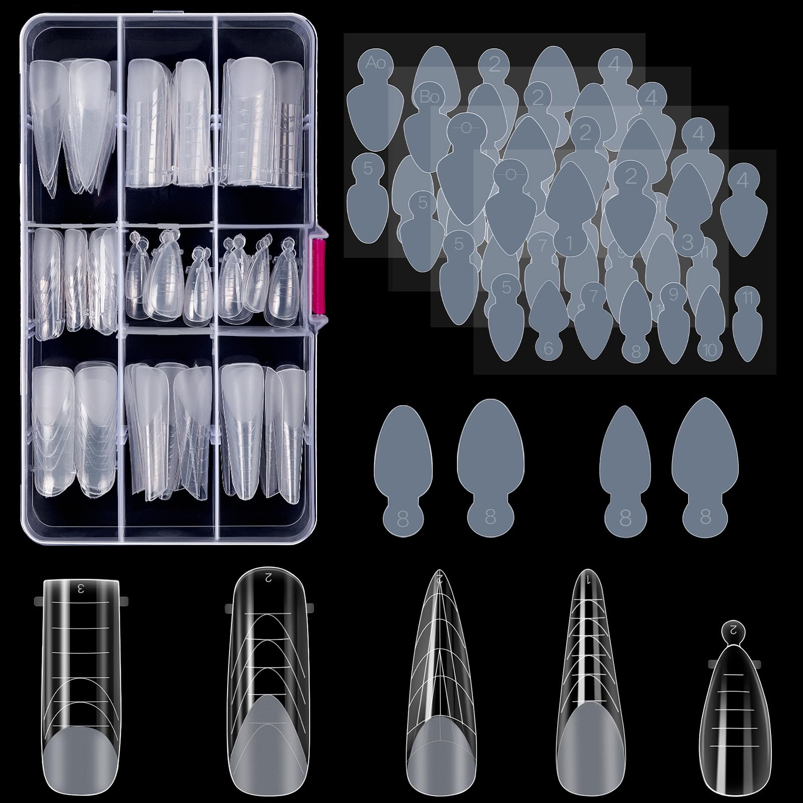 MELLIEX 120 Piezas Moldes Uñas Acrilicas 5 Formas Extensión de Uñas Postizas Transparente Juego con 48 Película para Uñas para Manicura de Arte de Uñas