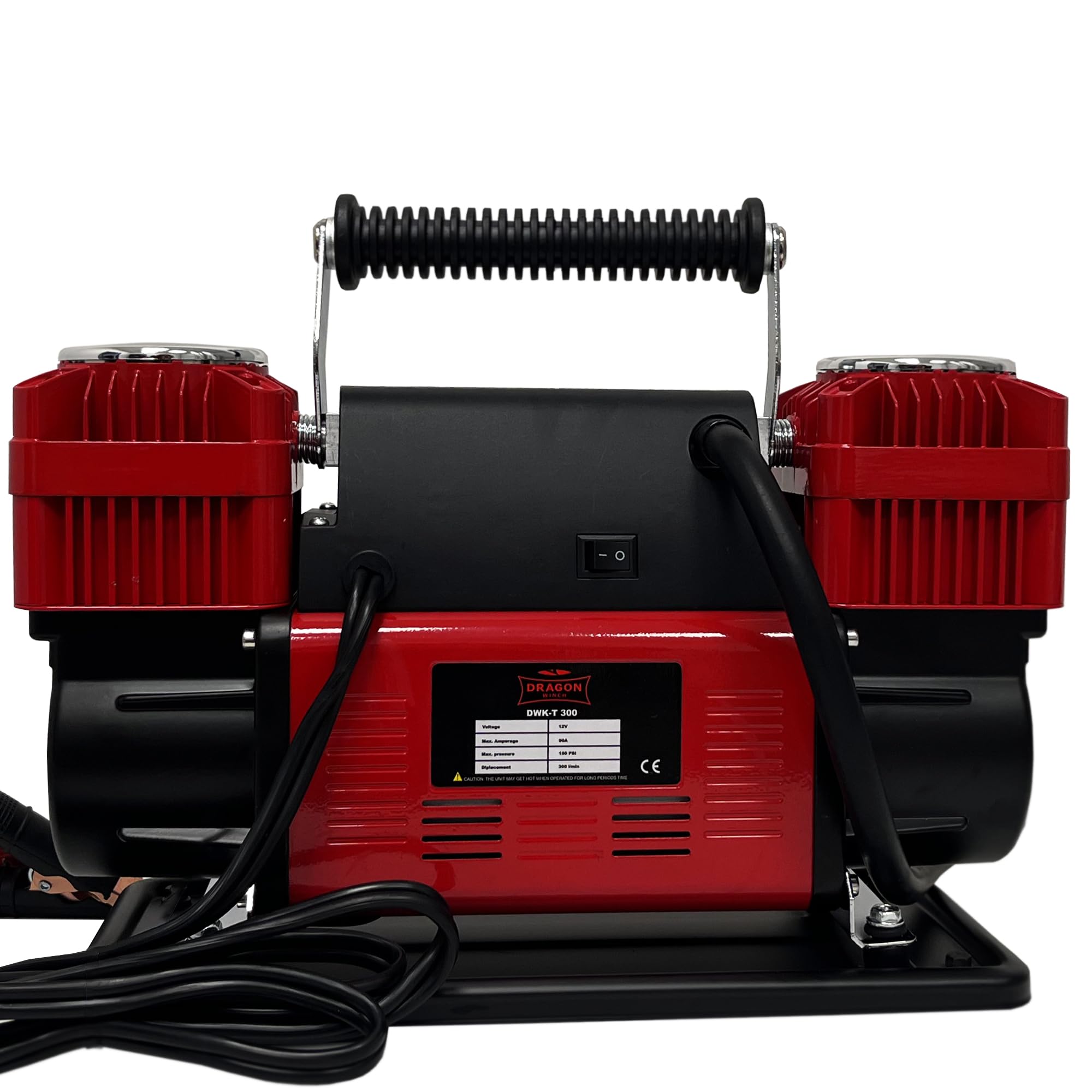 DRAGON WINCH Kompressor 12V | 10.3 BAR / 150 PSI mit Einer Kapazität von 300 l/min + Spiralschlauch mit Manometer, Steckventilende, Transporttasche, 3X wechselbare Spitzen