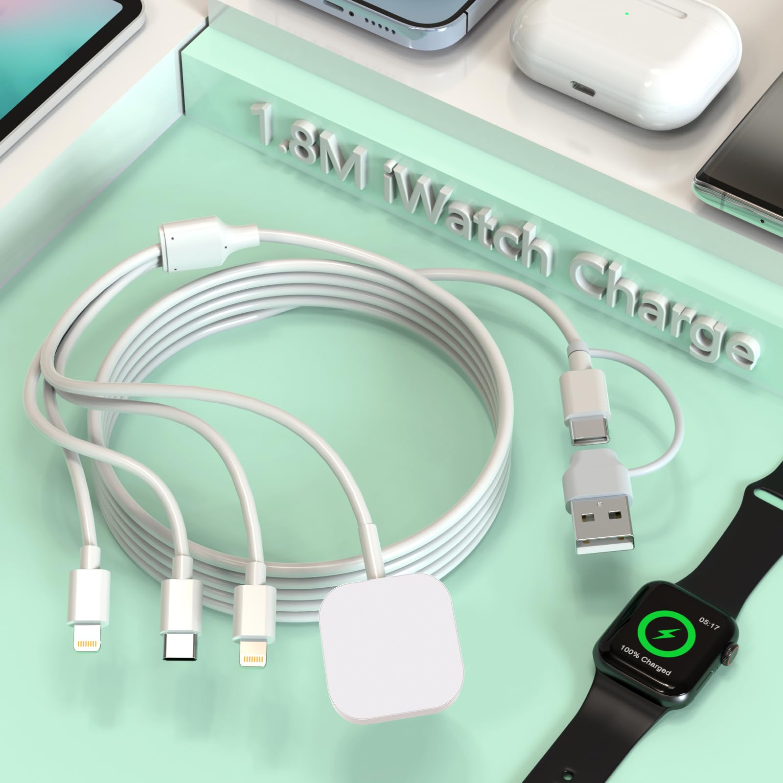 MTAKYAMulti 6-in-1 Universal Charger Cable,USB A+USB C Watch Charger+Lightnning*2+Type C Cord Adapter for Watch Series8 7 6 5 4 3 2 1 SE/iPhone 14 13 12 11 Pro/Samsung/Huawei/Pixel(6FT)