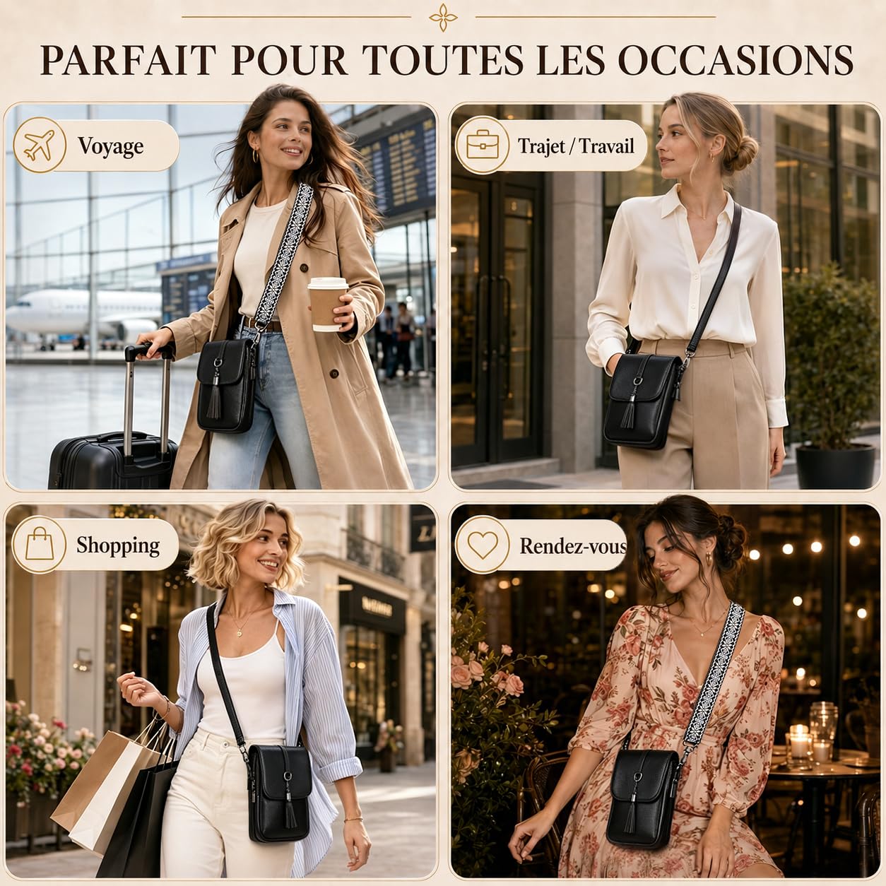 Sac Bandoulière Femme Cuir Véritable avec Protection RFID, Pochette Téléphone Portable Antivol & Élégant — Livré avec Deux Bandoulières