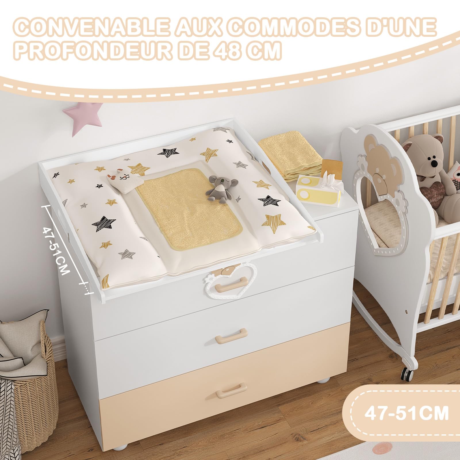 WOLTU Plan à langer en MDF pour commode 80x75x10 cm, plateau amovible pour table à langer, Blanc