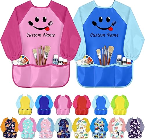 Delantal de pintura para niños con nombre personalizado para niños, impermeable, manga larga para artista, bata de arte personalizada