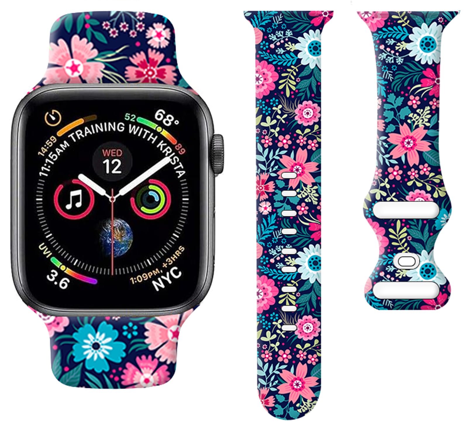 Sport Watch Band Compatible with Apple Watch Band 38mm 40mm 41mm Women, Soft Silicone Floral Print Sport Strap Replacement Wristbands for iWatch Series Ultra 9 8 7 6 5 4 3 2 1 SE - Beautiful flowers