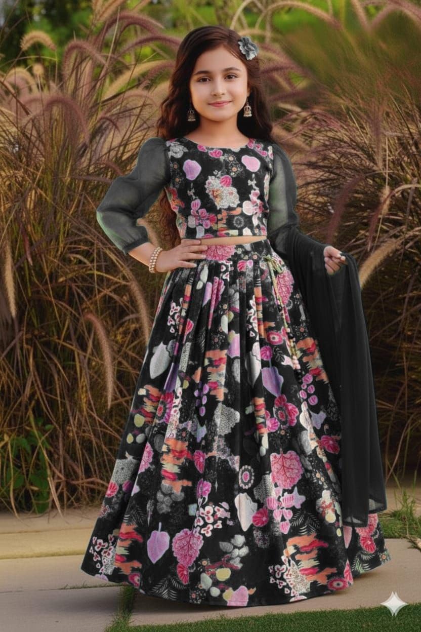 Baby Girls Tweel Cotton Lehenga Choli Set with Dupatta, With Beautiful Soft Printed Design Kids Ethnic Party Wear.