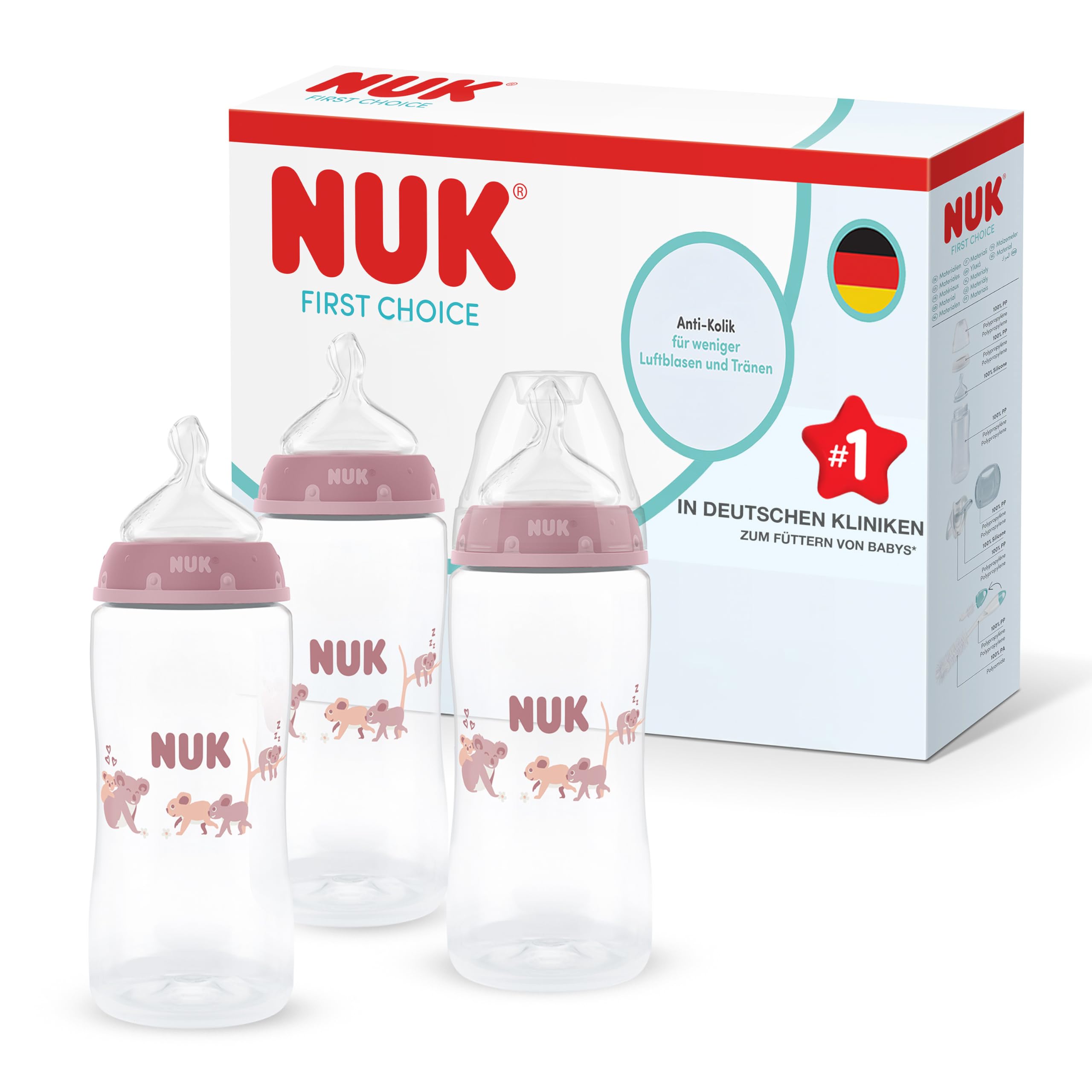 NUK First Choice Babyflaschen | 3+ Monate | 300 ml | Anti-Kolik-Babyflasche | PP | Temperature Control Anzeige | Koala | 3 Stück