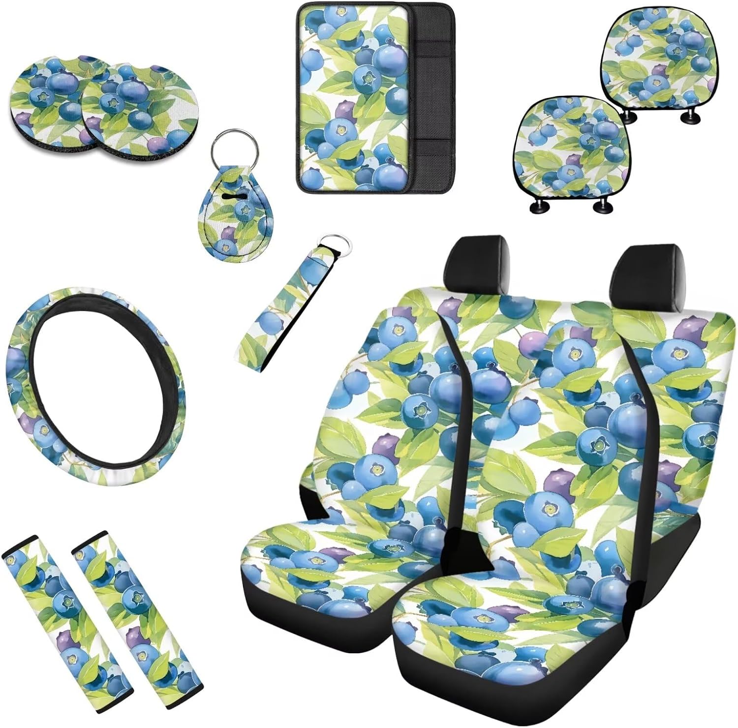 13 Pack Blue Berry Car Seat Covers, Summer Fruit Durable Polyester Seat Covers, Watercolor Blueberries Automotive Seat Belt Cover Interior Accessories