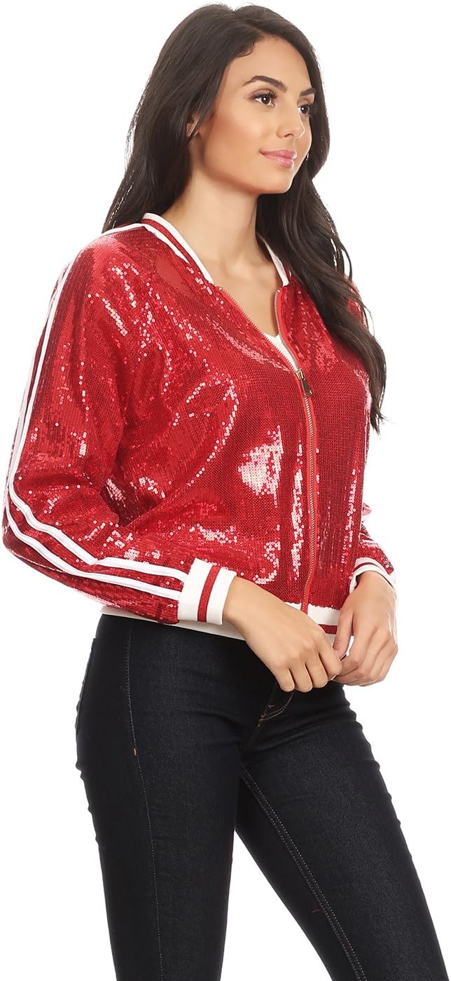 Anna-Kaci Womens Long Sleeve Front Zip Track Stripe Sequin Bomber Jacket