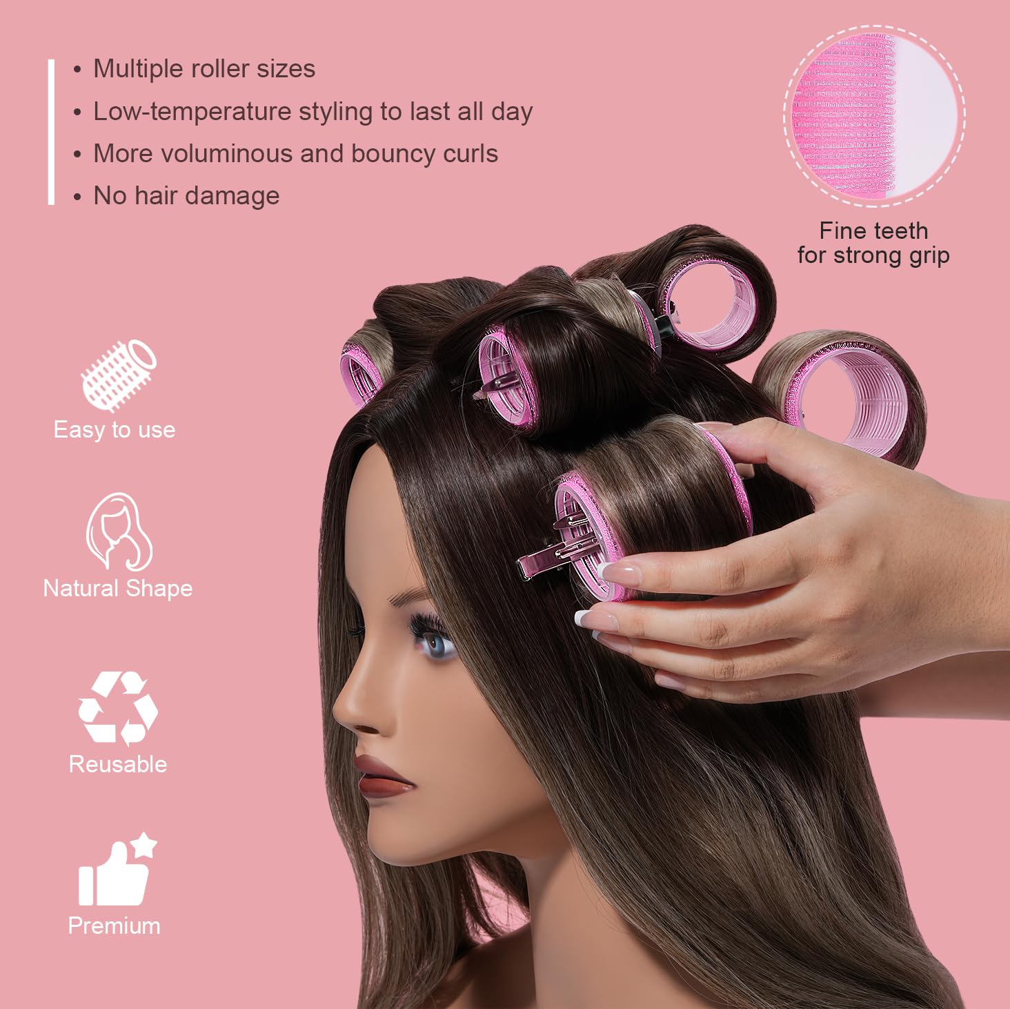 IKOCO - Rizadores de pelo, 4 tamaños, juego de rodillos autoadherentes de 60 mm, 48 mm, 36 mm, 25 mm, para cabello largo, flequillo corto con 16 clips de rodillo, bolsa de aseo transparente y peine de
