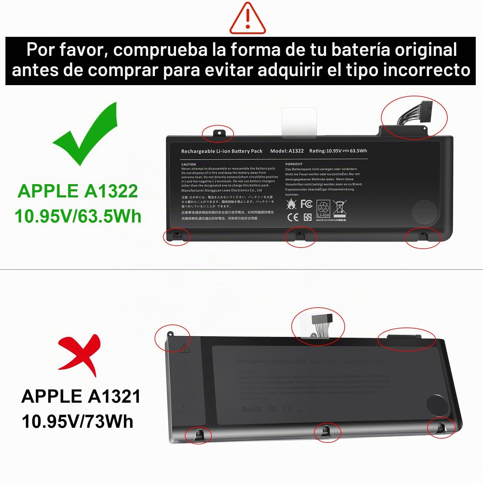 A1278 A1322 Baterías para portátiles y netbooks para MacBook Pro 13 Inch [2009 2010 2011 2012 Version] con Gran Capacidad & Alto Rendimiento & Larga Vida [10.95V 65.7Wh]