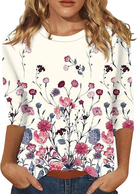 HTHLVMD Womens 3/4 Length Sleeve Tops 2025 Fall Fashion Floral Print Crewneck Causal Trendy Tunic Tops for Women