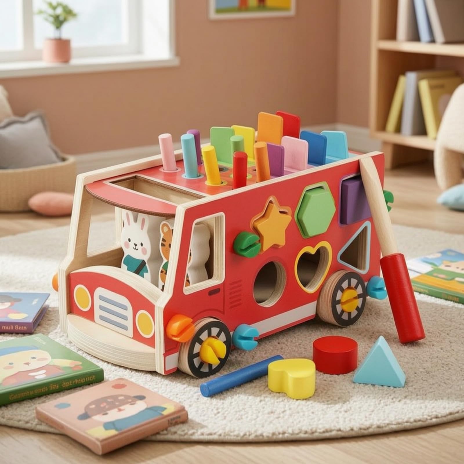 Baoblaze Juguete Educativo Infantil Bus de Madera Clasico Clasificador de Formas Bloques Geometricos Juego de Encastre Set Completo con Cuerpo de Bus y Piezas