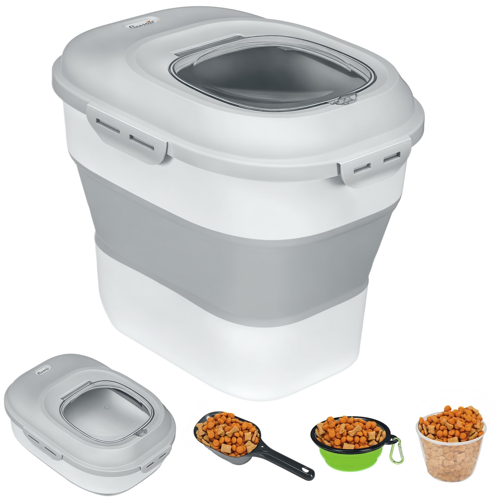 PawHut Conteneur à croquettes pour chien pliable 25L rangement hermétique pour nourriture avec couvercles hermétiques, roulettes, tasse, bol et cuillère, pour animaux de compagnie, gris