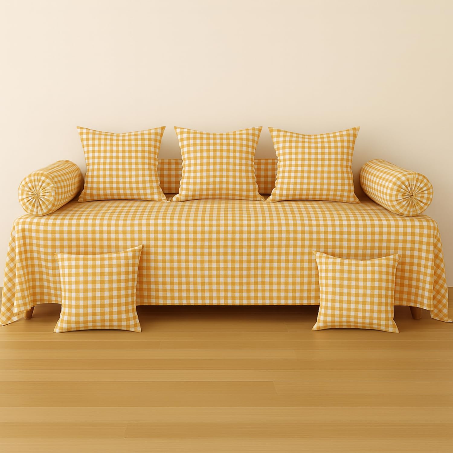 BELVOSTUM Diwan Set Covers | Diwan Bedsheet Set of 8 Pieces | Diwan Covers with 1 Single Bedsheet, 2 Bolster Cover, 5 Cushion Covers |100% Microfiber Diwan Set for Living Room Dining Hall (Orange)-image-42