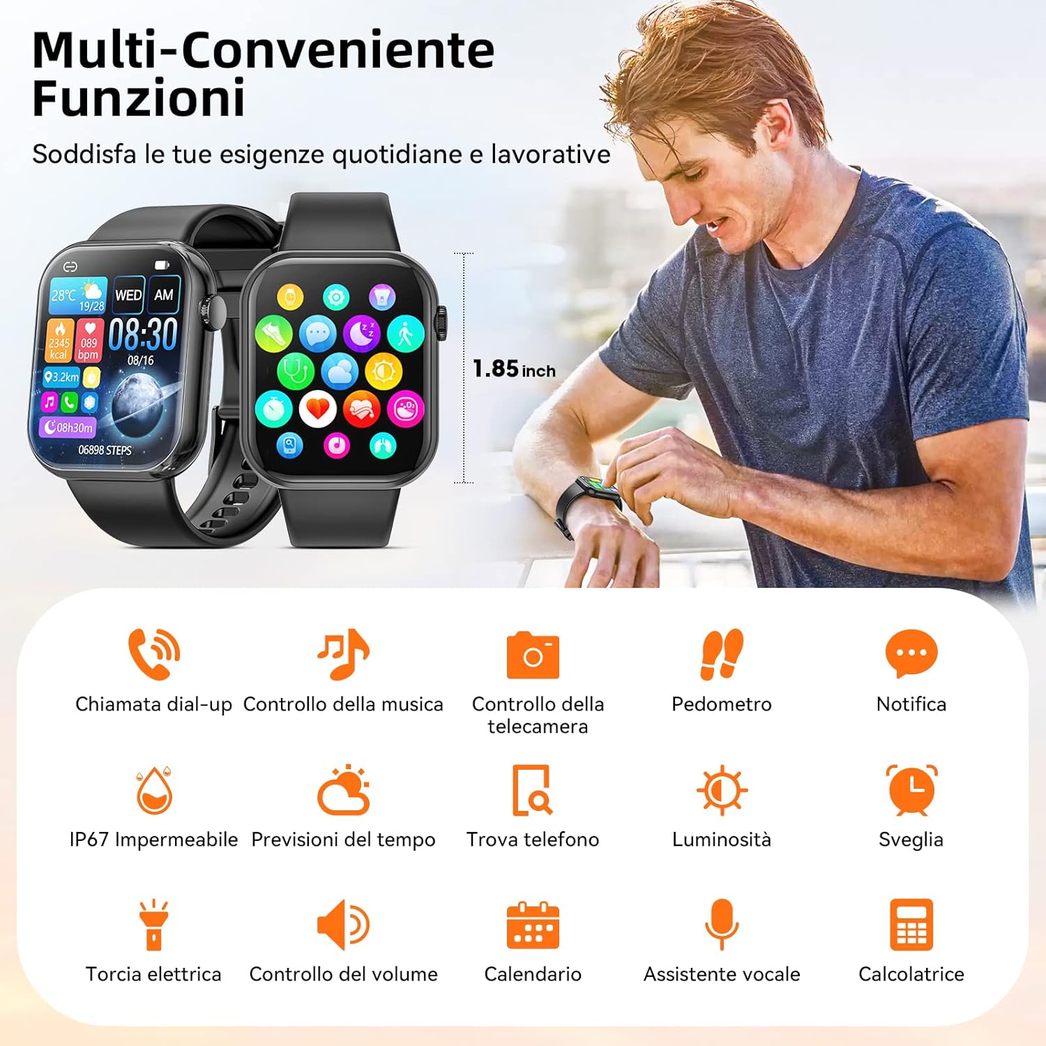 Smartwatch Uomo donna Rispondi/Effettua Chiamate,1.85 Schermo Smartwatch Orologio Uomo,IP67 Impermeabile Sportivo Watch con Frequenza Cardiaca,Ossigeno nel Sangue,Fitness Watch per Android e iOS Smartwatch Uomo donna Rispondi/Effettua Chiamate,1.85 Schermo Smartwatch Orologio Uomo,IP67 Impermeabile Sportivo Watch con Frequenza Cardiaca,Ossigeno nel Sangue,Fitness Watch per Android e iOS