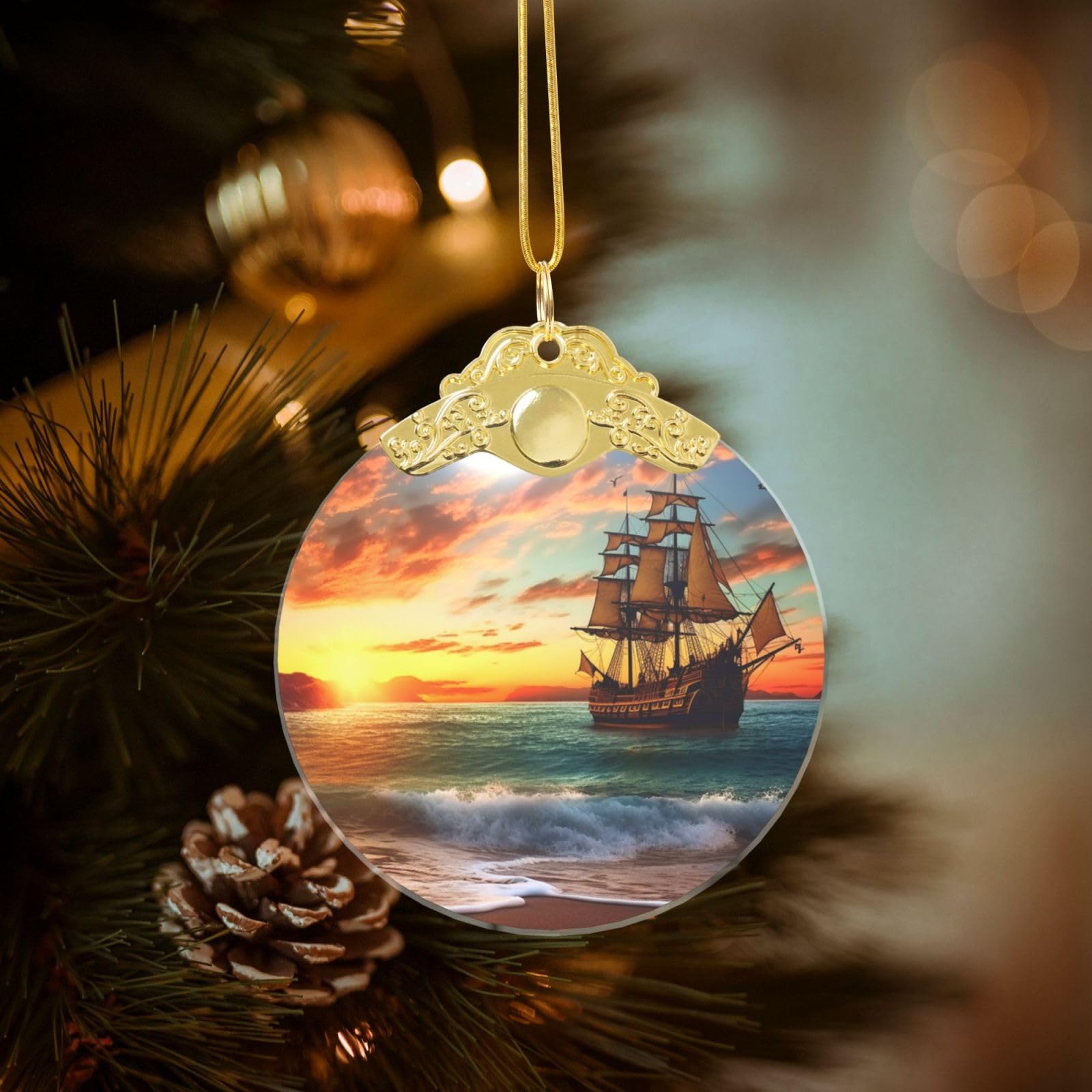 Crystal Christmas Ornaments for Christmas Tree Decoration Hanging Pirate Ship in The Sunset Ornament with Gold Ribbon Crafts Round Pendant for Keepsake Gifts Glass Xmas Decor Party Supplies