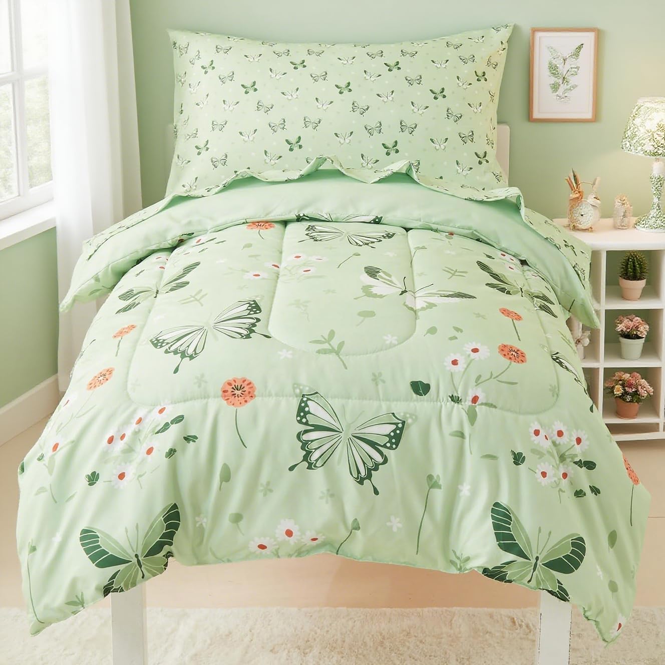 Mooreeke 4 Pieces Toddler Bedding Set - Soft Sage Green Butterfly Toddler Comforter Sets for Girls, Includes Quilted Comforter, Flat Sheet, Fitted Sheet and Pillowcase, Bed in A Bag for Baby Bedroom