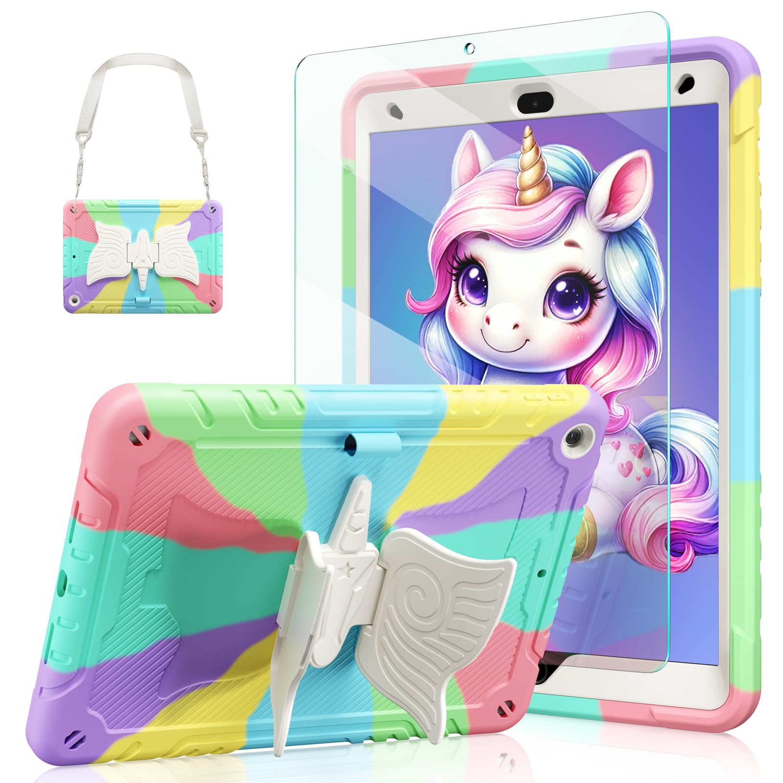 Ambison Case for iPad 9th/8th/7th Generation 10.2 inch with Glass Screen Protector,Rugged Shockproof Protective Cover for Kids Girls Unicorn Stand,Shoulder Strap for iPad 2021/2020/2019-Multipuple