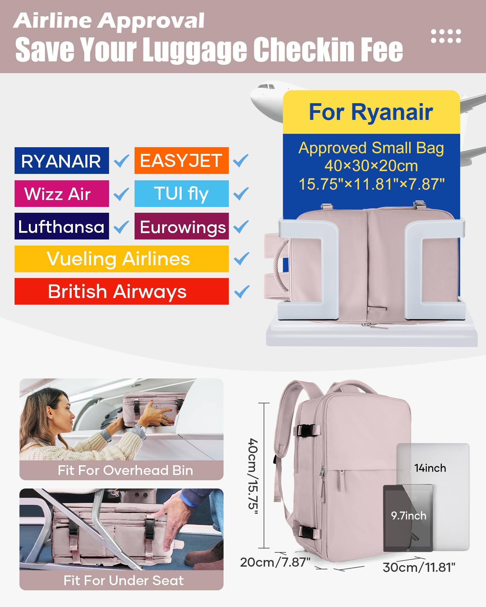 SZLX Mochila al Vacio con Bomba Mochilas Viaje Cabina Avion 40x30x20 Ryanair Vueling Wizzair Equipaje de Mano 40x20x25 Bolsas de Viaje Mujer Maletas 45x36x20 Easyjet Mochila Portátil con USB Hombre | Equipaje cabina 40x30x20 vacío para Ryanair Wizz air vo