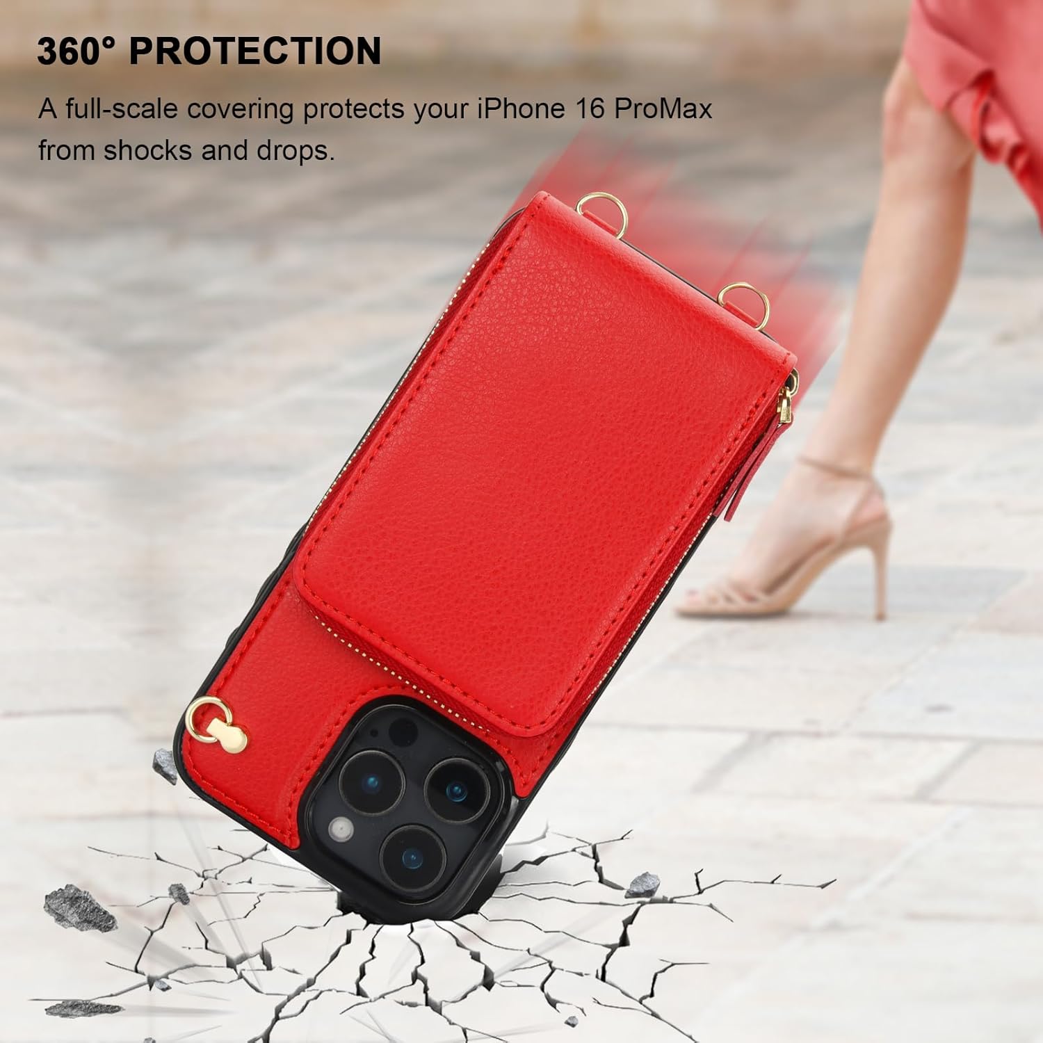 KIHUWEY Crossbody Wallet Case for iPhone 16 Pro Max, Zipper Pocket With Card Holder, PU Leather RFID Blocking Cover, Kickstand, Detachable Wrist Strap Lanyard 6.9" (Red)