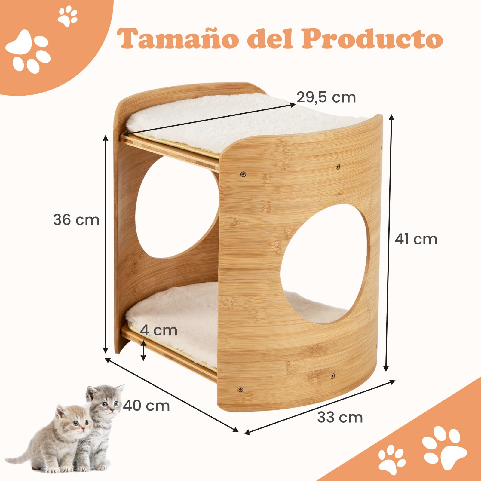 GOPLUS Torre para Gatos de 2 Niveles, Interior, Bambú con Camas Dobles, Cojines Lavables, Acceso para Gatos y Gatitos Pequeños