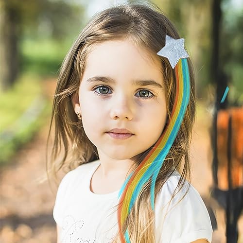 Miniatura 9 de Little World Pinzas para el cabello para niñas, 6 extensiones de cabello arcoíris, pinzas de pelo de unicornio para niñas y niños pequeños, colas de