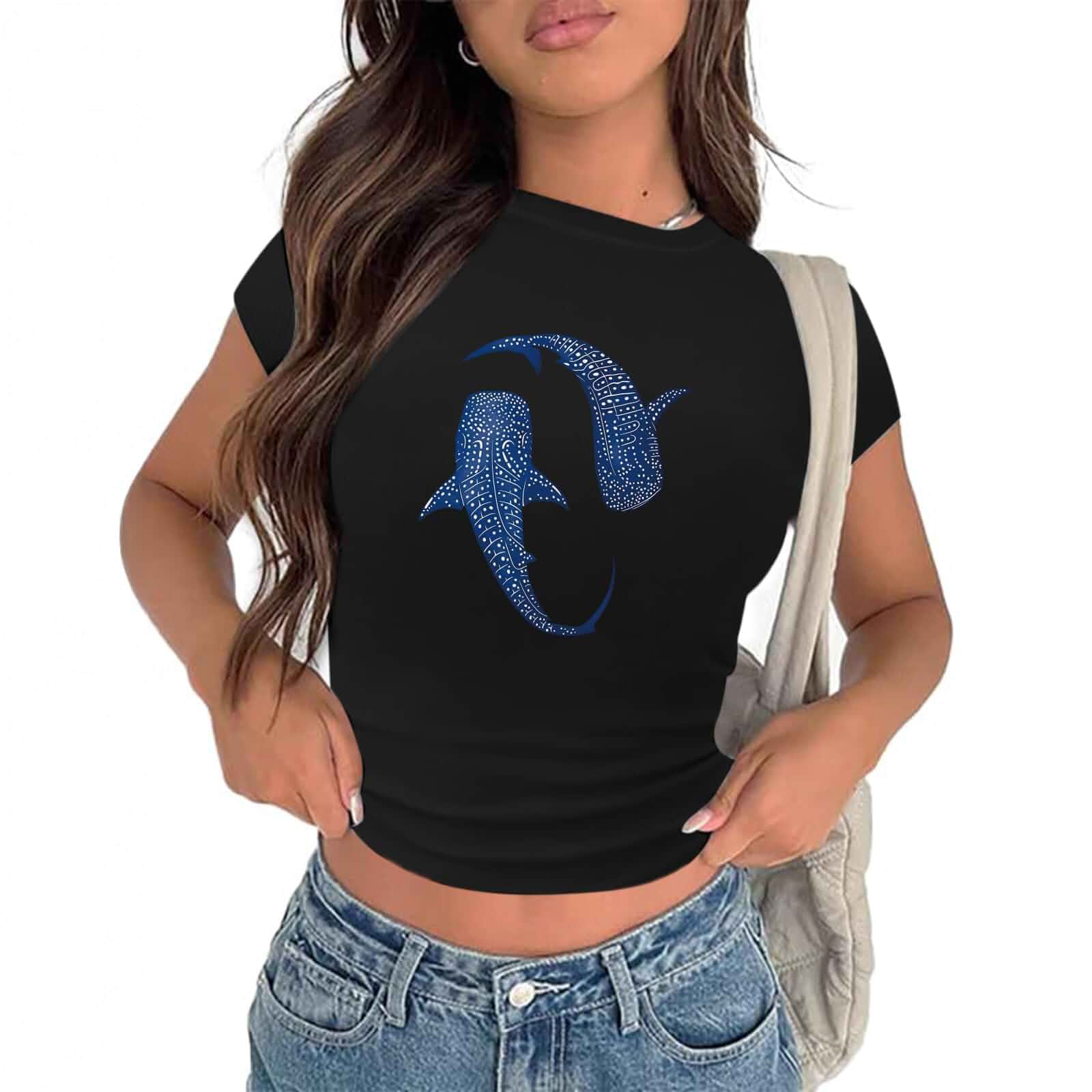 Shark Ocean Shirt Fish Shirts for Women Y2k Graphic Baby Tees Aesthetic Crop Tops Beach Tshirt Vacation Summer Top Short Sleeve