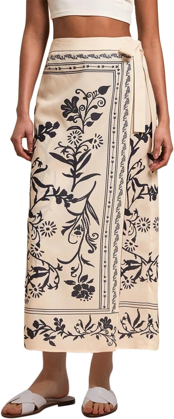 Women’s Floral Print Wrap Skirts Boho Tie Knot Skirt High Waist Causal Cute Flower Graphic Long Skirts Beachwear 2025